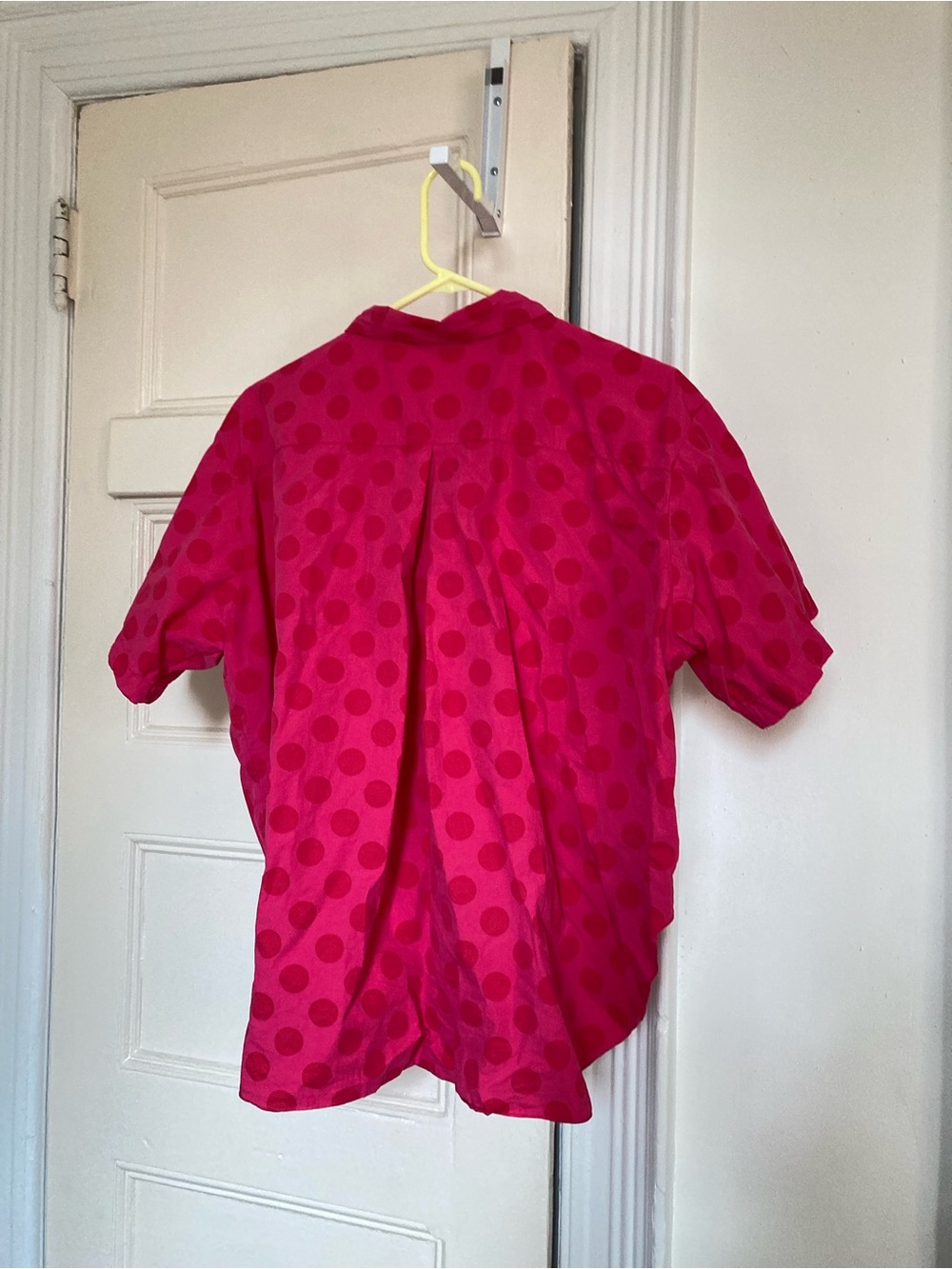 Sour Cherry Dot Tulip Top - bright pink button down short sleeve - Picture 4 of 6